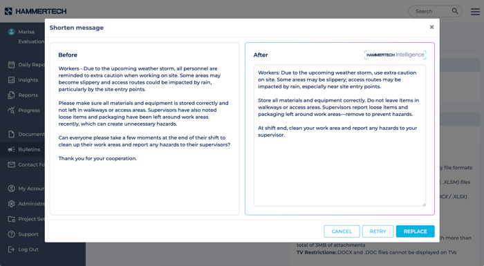 Image shows HammerTech Intelligence AI-powered bulletin assist capabilities in the HammerTech dashboard.