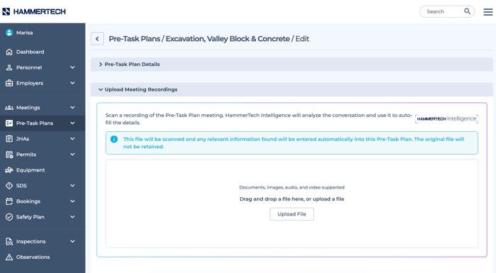 Image shows HammerTech interface and shows the improved capture and review process for a pre-task plan