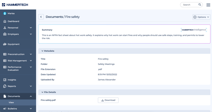 HammerTech Intelligence AI at work showing document summaries in the HammerTech platform.
