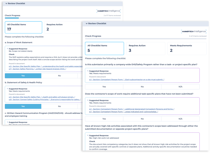 Image shows overlapping dashboards with HammerTech Intelligence AI-powered safety plan reviews and updates.