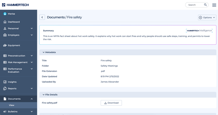 HammerTech Intelligence AI at work showing document summaries in the HammerTech platform.