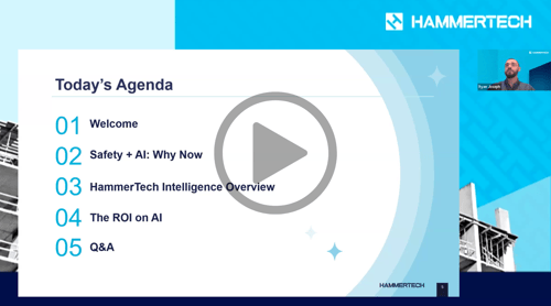 Video still from HammerTech Intelligence webinar with play button. Says "Safety + AI: Why Now, HammerTech Intelligence Overview, The ROI on AI, and Q&amp;A will be covered in the session.