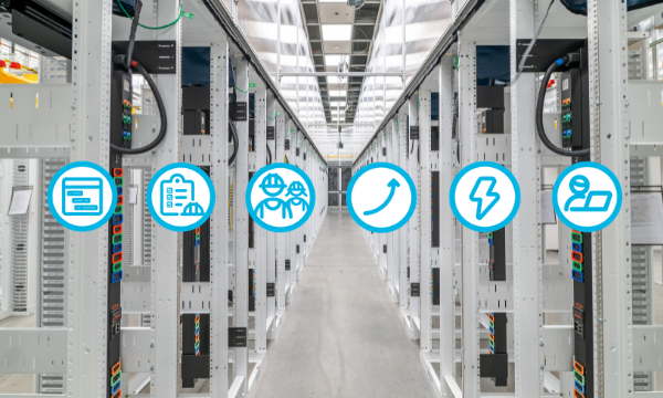 Interior of a modern data center with rows of white server racks lining a central aisle, with circular icons representing the six safety risks you can't ignore in data center construction
