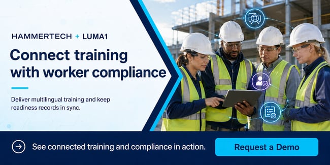 Says "HammerTech + Luma1", Connect training with worker compliance: Deliver multilingual training and keep readinss records is sync" and "request a Demo"