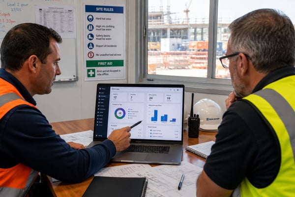 Site coordinator reviewing a shared digital HammerTech dashboard with a project manager, showing unified system use across a construction project for FSC Accreditation