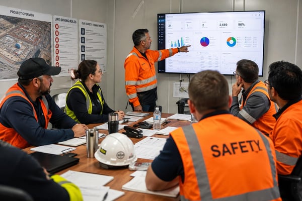 Safety team meeting with a mix of site workers and management reviewing data on a screen - showing a feedback loop between frontline and leadership.