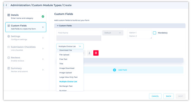 When creating a custom module within HammerTech, users are now taken through a simplified step-by-step flow. This image shows a dropdown of the custom field ty