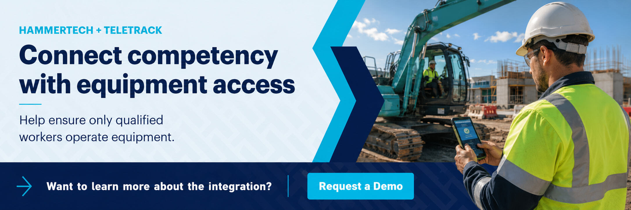 Says "Connect competency with equipment access: Ensure only qualified workers operate equipment" and "Request a Demo to learn more". It shows a worker on a job site on the right.