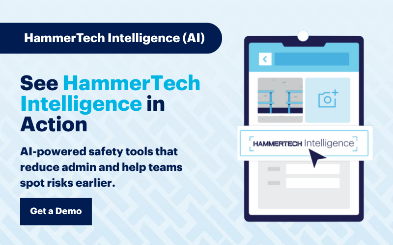 HammerTech Intelligence - HTI - Demo block. Says "See HammerTech Intelligence in Action: AI-powered safety tools that reduce admin and help teams spot risks earlier. Get a Demo."