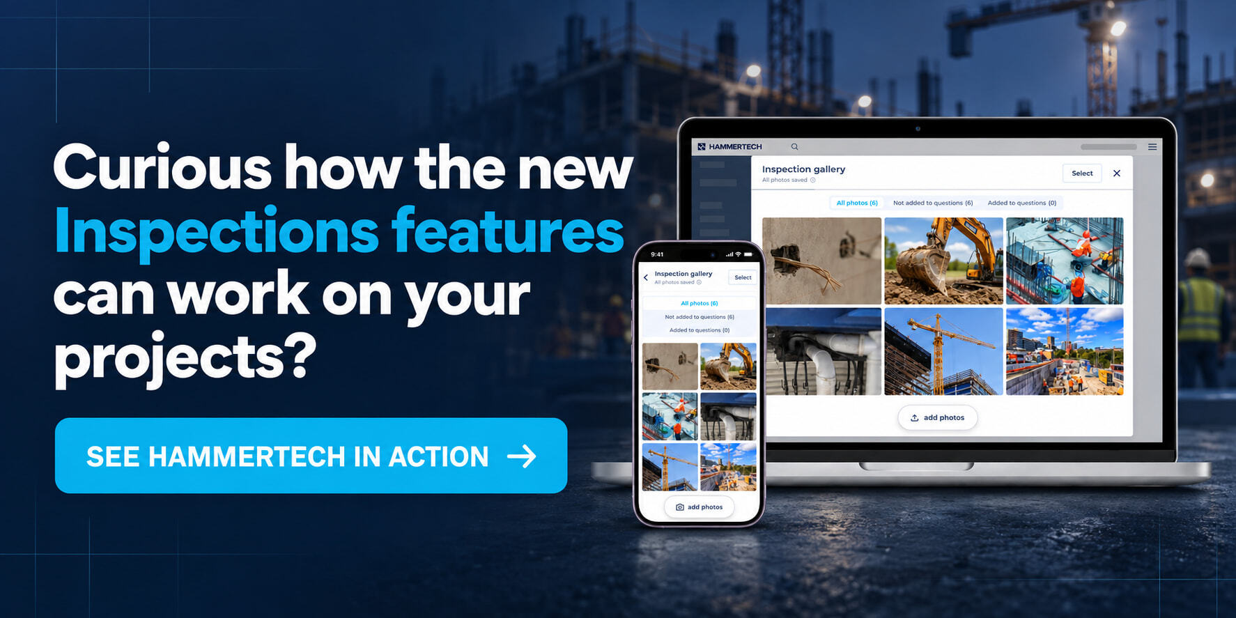 See HammerTech’s new Inspections features in action on desktop and mobile. Shows image of interface on HammerTech