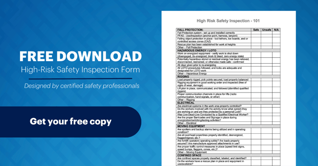 Image says High Risk Safety Inspections form - free download. It shows an image of the CSP-designed high-risk safety inspection form.