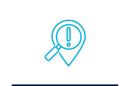 icon of a magnifying glass over an exclamation point and over a map marker, representing "incident investigation" in construction safety.