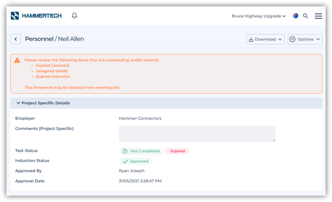 image shows personnel status example of "Neil Allen" and shows "Expired License/s, unsigned SWMS, Expired Induction" and "This personnel may be blocked from entering site."