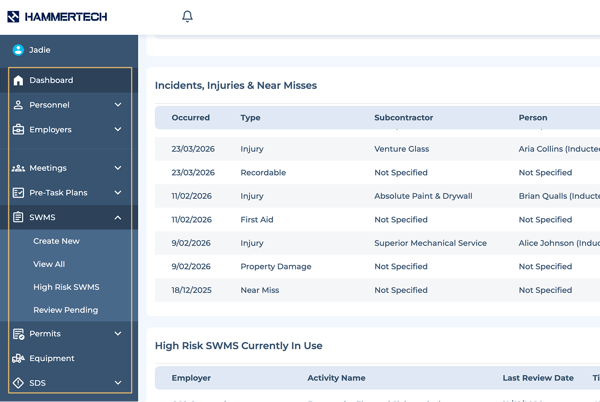 HammerTech Platform showing the menu and incidents, injuries, and near misses.