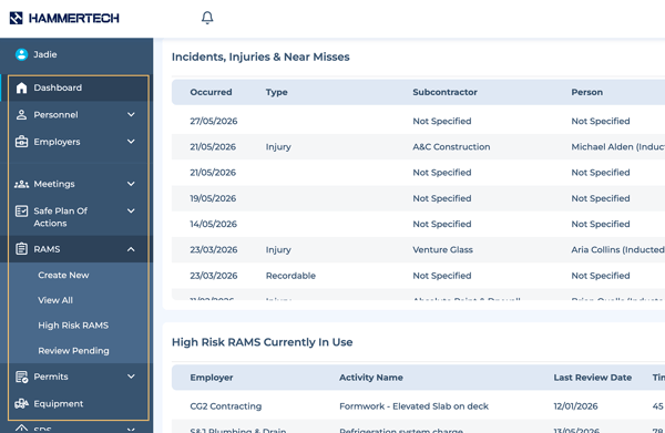 HammerTech Platform showing the menu and incidents, injuries, and near misses.