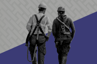 cutout of two construction workers wearing safety gear walking away over a purple and gray HammerTech background
