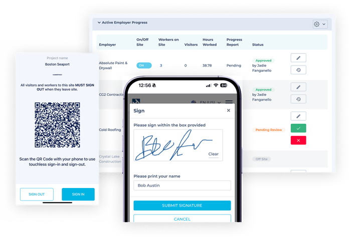 Shows the HammerTech dashboard and the accessibility on mobile, showing orientations and worker info