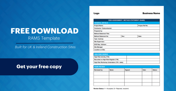 Says "Free Download - RAMS Template: Built for UK &amp; Ireland Construction Sites" and "Get Your Free Copy" and has an image of the front cover of the template.