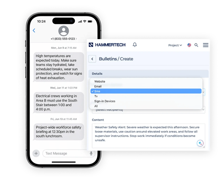 SMS Bulletins on HammerTech showing the way text bulletins show up on a phone from the HammerTech dashboard.