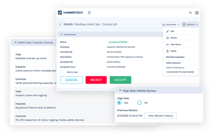 Image of overlapping HammerTech dashboards showing SWMS management example, and "High Risk SWMS review" option, as well as the tasks, hazards and controls of SWMS  management for construction safety.