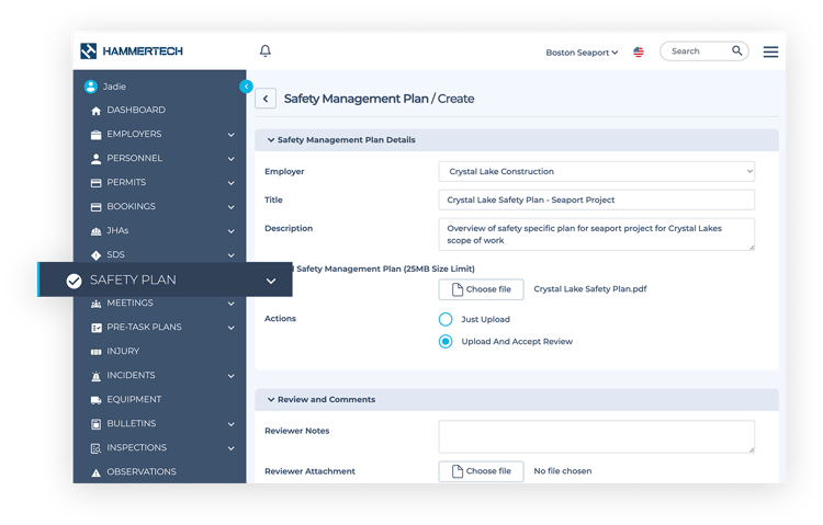 HammerTech dashboard showing safety management plan, and the fields to populate plan details, review and comments.