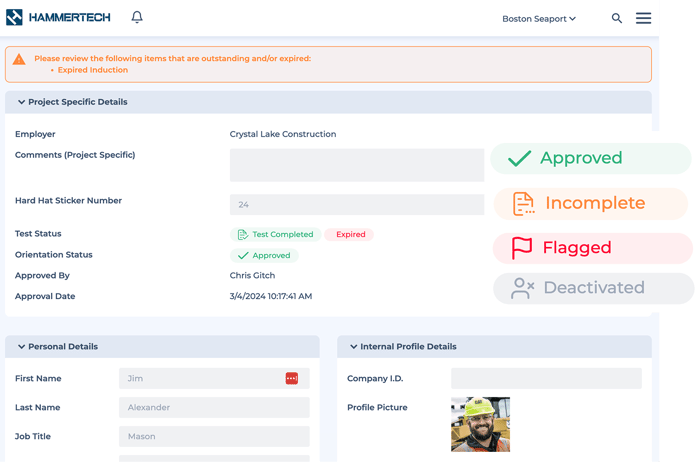 Image shows HammerTech platform dashboard and shows project specific details, personal details, and internal profile details with "Approved" or "Incomplete" or "Flagged" or "Deactivated" marked on the right.