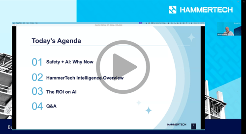 Video still from HammerTech Intelligence webinar with play button. Says "Safety + AI: Why Now, HammerTech Intelligence Overview, The ROI on AI, and Q&amp;A will be covered in the session.
