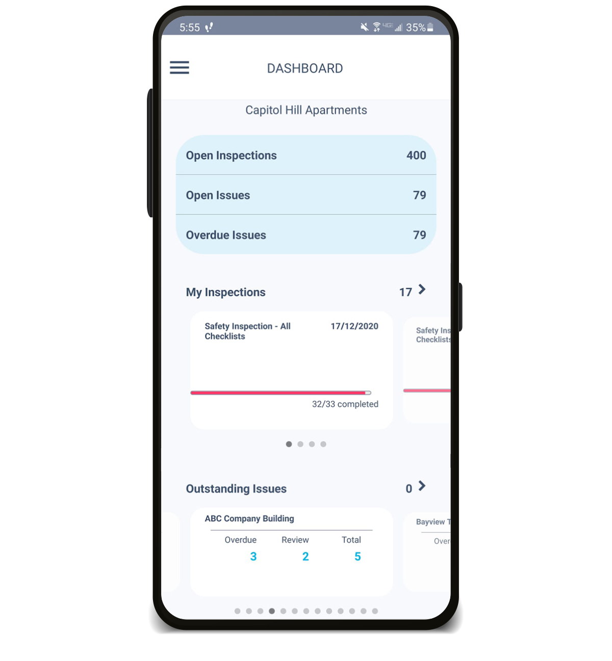 Mobile phone displaying HammerTech Inspect dashboard, with 'My Inspections' and 'Outstanding Issues' visible on the screen. The image highlights real-time accessibility and tracking of inspection-related data, contributing to effective issue management and improved safety outcomes.