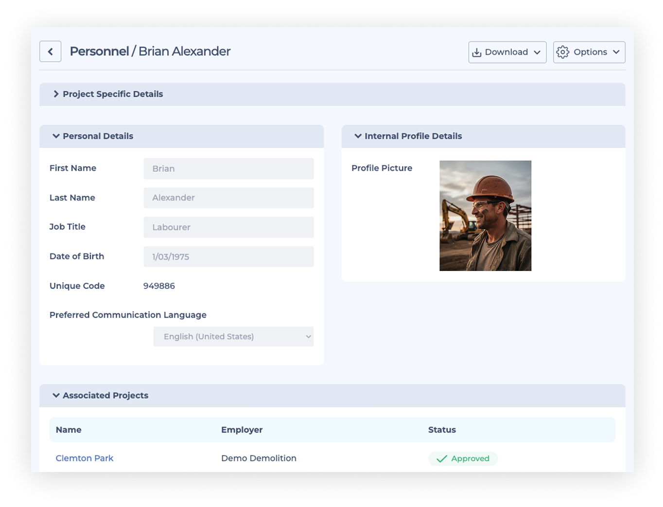 Image of a screenshot of HammerTech's construction safety software platform showing personnel, and the person's details, picture, and more.