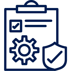 Icon of clipboard with a check mark, a gear, and a shield, representing Built-in safety and quality templates for ISO 45001 forms