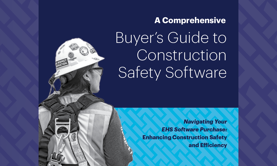 The cover the Comprehensive Buyer's Guide to Construction Safety Software - a guide to navigating your EHS software purchases and enhancing construction safety and efficiency.  This cover sits on top of a purple HammerTech background