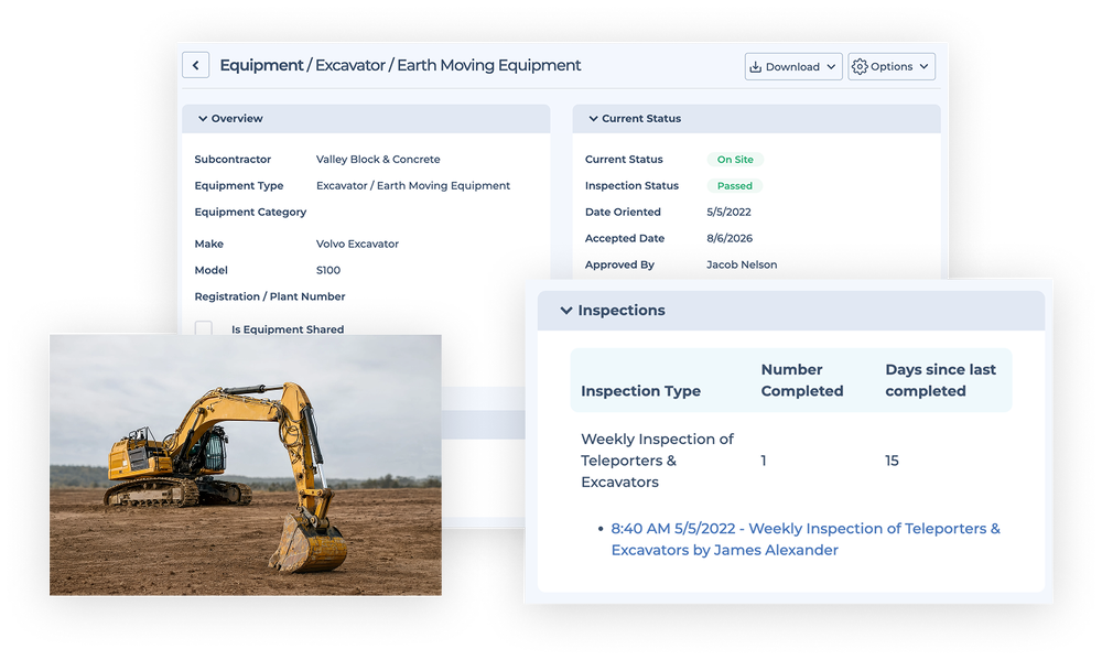 Screenshots of equipment inspections showing HammerTech construction safety software dashboard