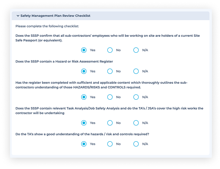 HammerTech construction safety platform showing the saety management plan review checklist and example questions.