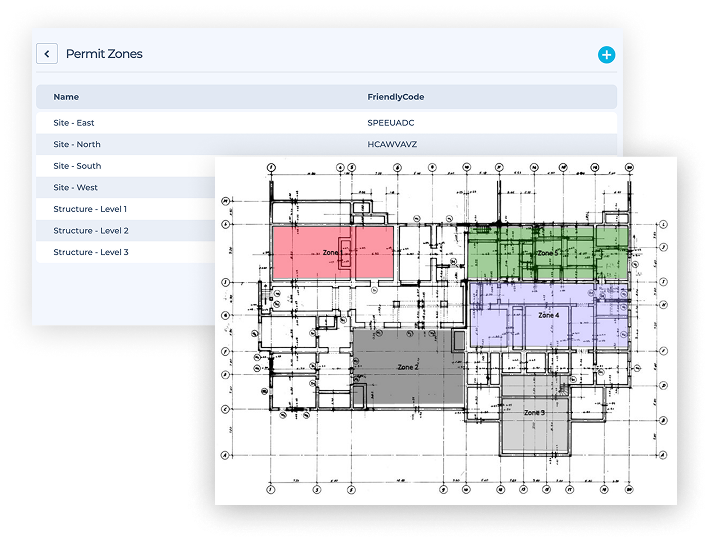HammerTech platform showing the ability to configure work zones and view live maps. Showing new building construction zones.