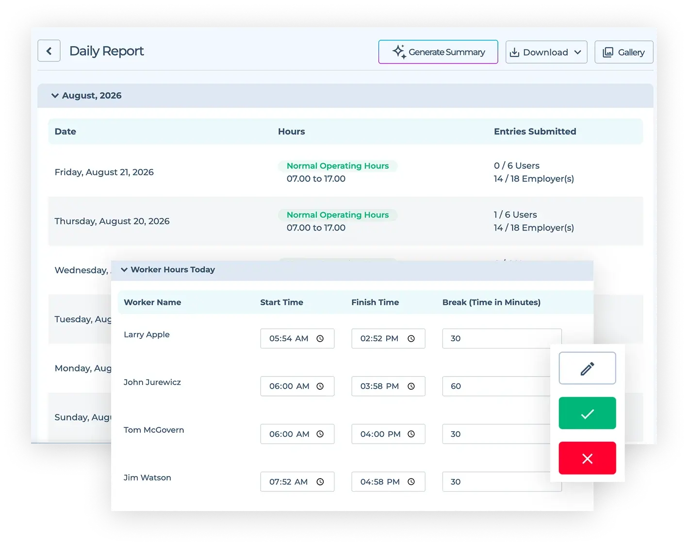 Editing job site labor hours and tracking subcontractor entries in the construction daily report using HammerTech Construction Safety management system.