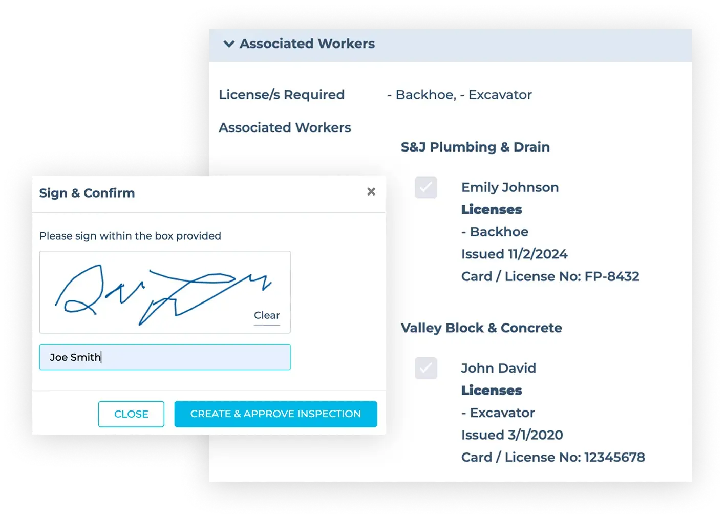 Digital signature modal confirming authorized equipment operators and linking required licenses with HammerTech Construction Safety Software.