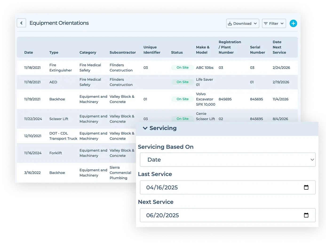 Digital equipment register tracking active machinery and upcoming service dates based on operating hours with HammerTech Construction Safety Software.