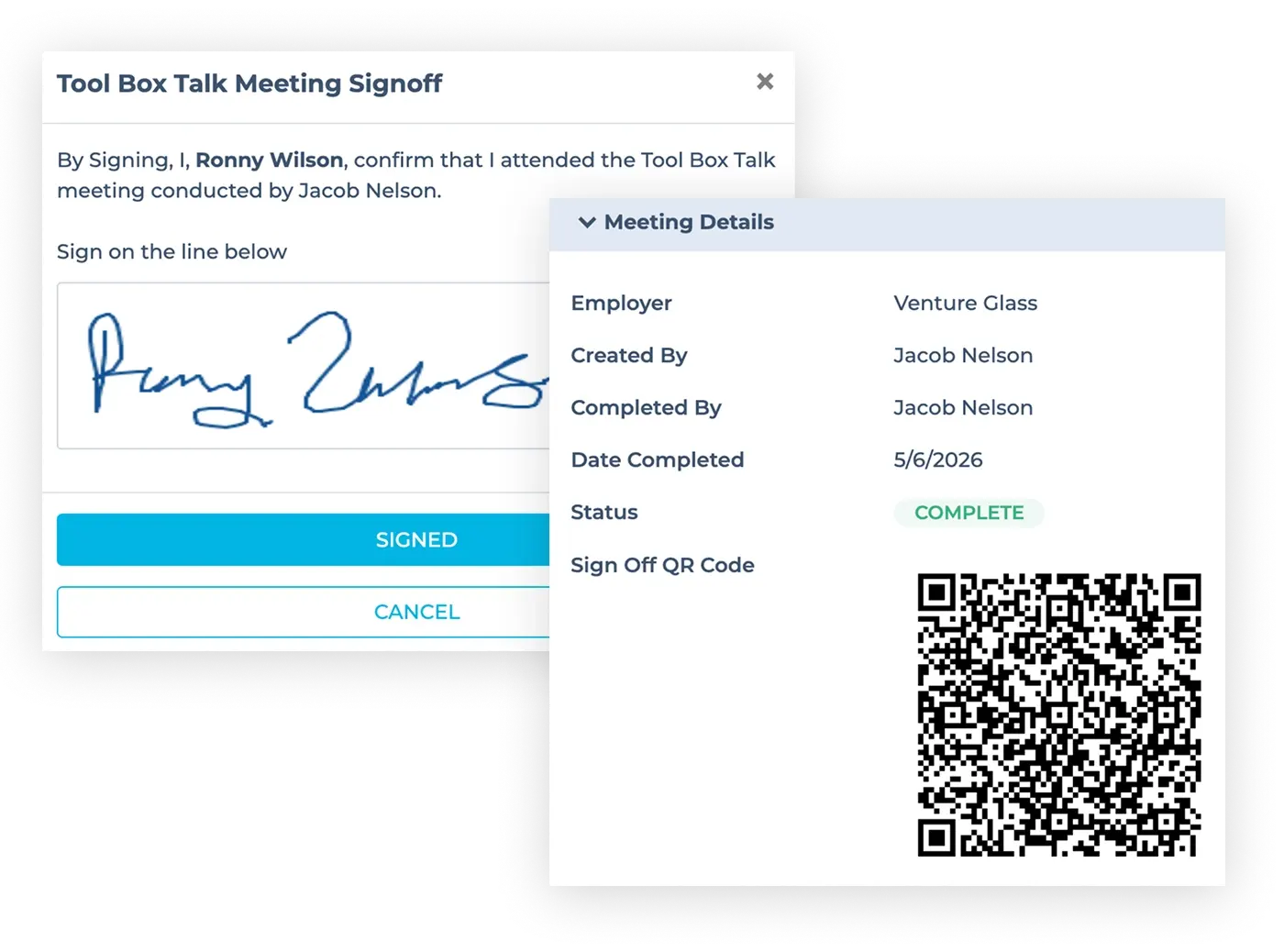HammerTech construction safety software showing Construction Safety Meetings - simplify attendance tracking without needing a clipboard, showing toolbox talk meeting signoff and QR codes