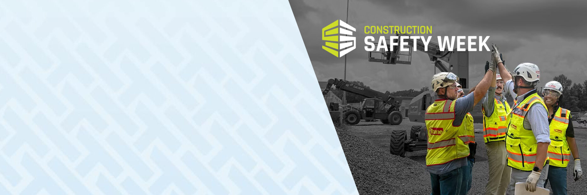Construction workers in high-visibility vests and hard hats high-fiving on a job site, with “Construction Safety Week” text and logo overlay.