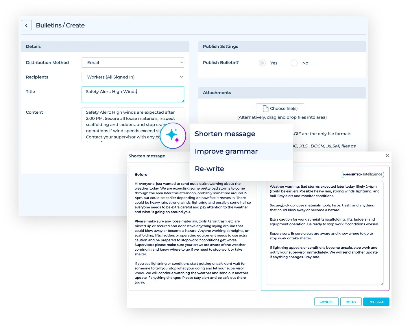 Using HammerTech Intelligence to shorten a high wind safety alert for construction workers in HammerTech's construction safety software platform.