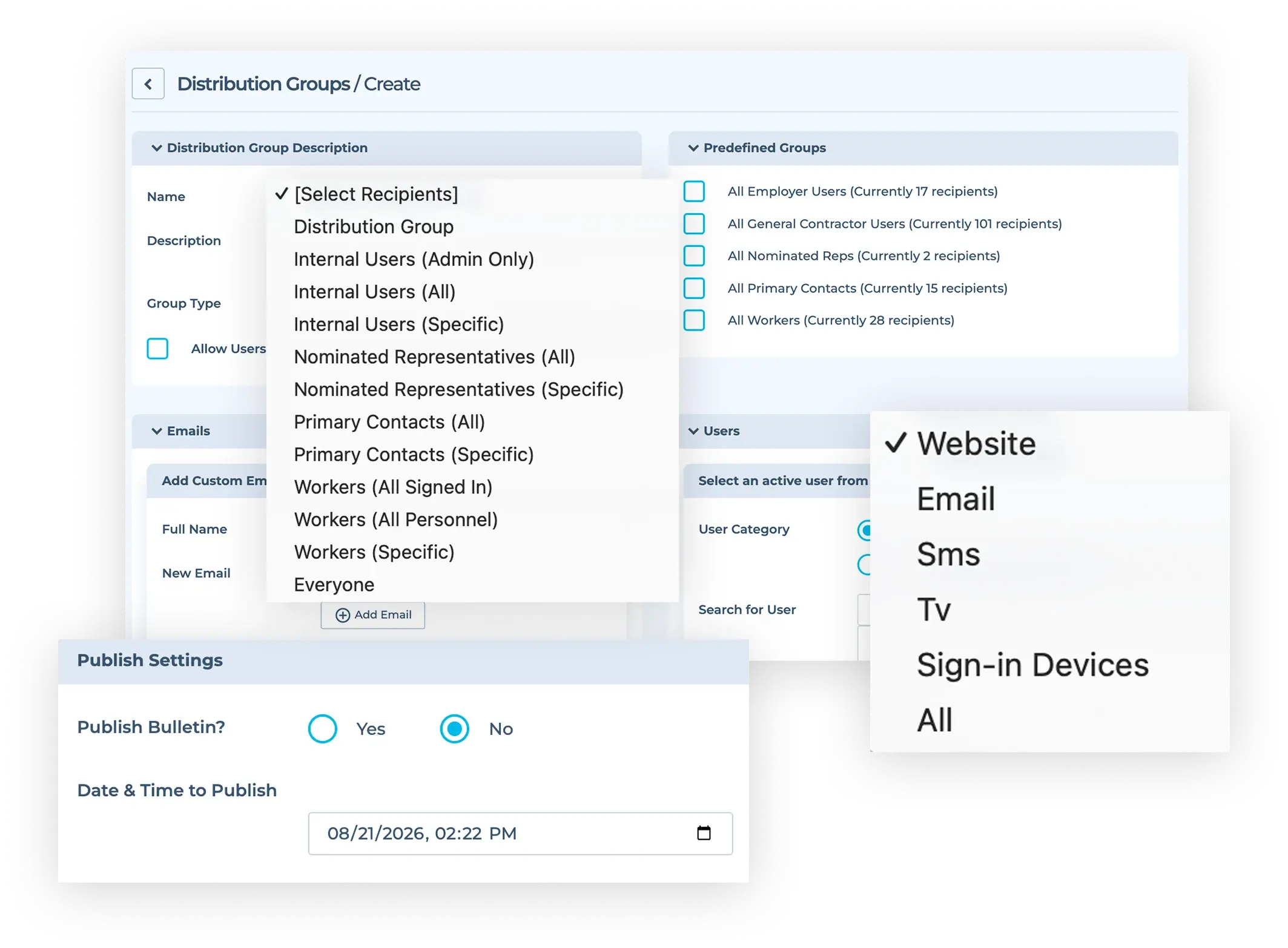 Configuring distribution groups and SMS delivery for a scheduled construction site notification in HammerTech Construction Safety Software platform