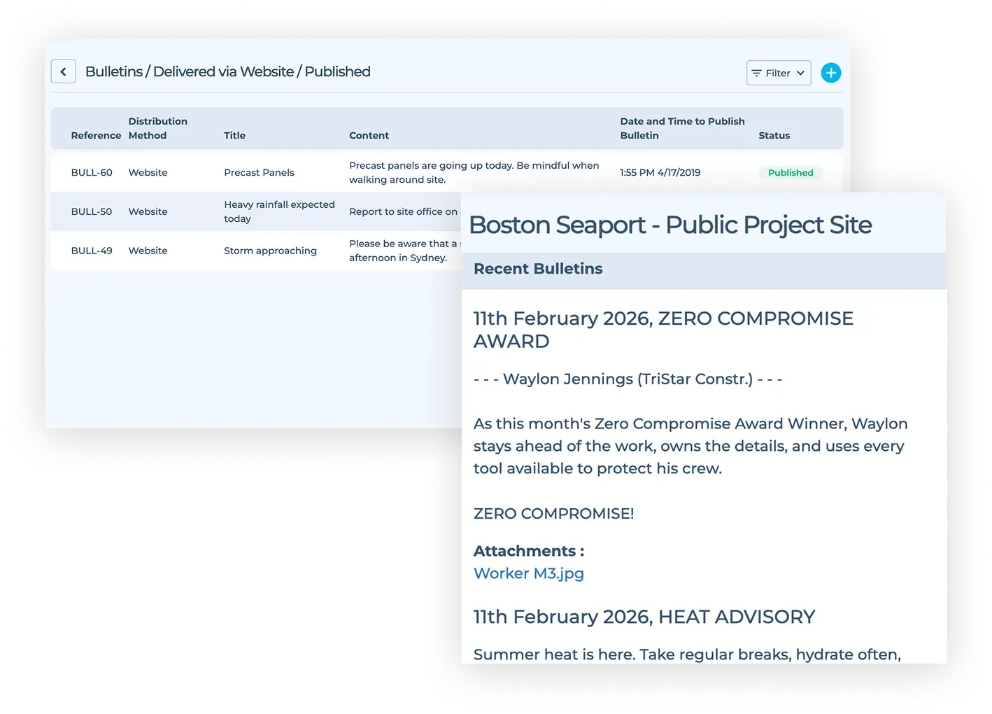 Publishing a safety award and heat advisory bulletin to a public construction project site on HammerTech's construction safety software.
