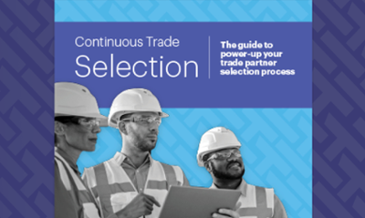 Continuous Trade Selection guide cover - the guide to power- up your trade partner selection process - just an image of the cover, zoomed in on a purple HammerTech background.
