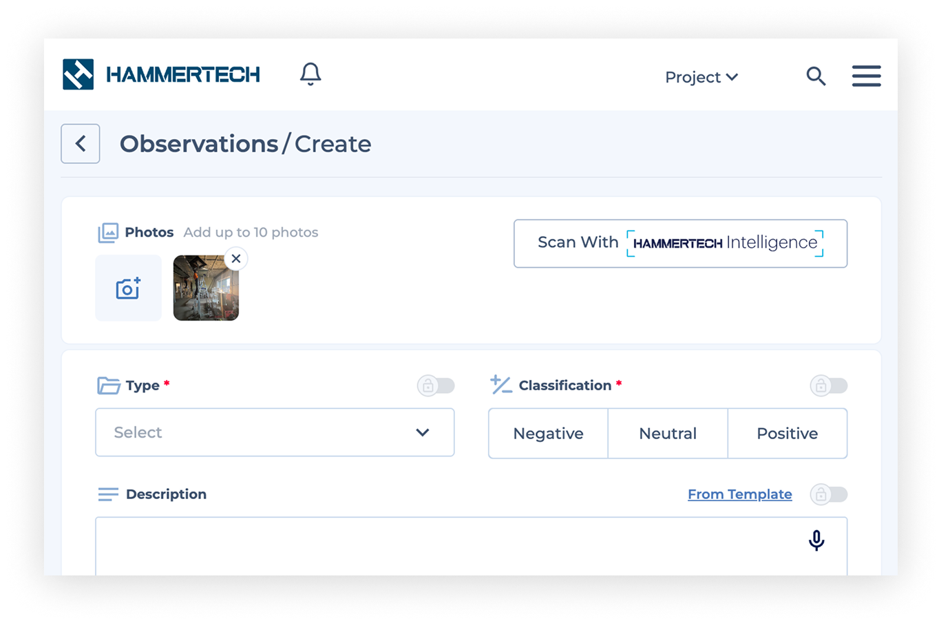 Shows HammerTech safety platform screenshot showing an observation creation using HammerTech intelligence, the built-in AI of HammerTech