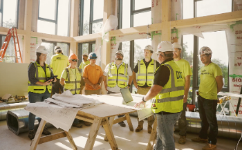 Image of DOC construction crew planning safety on their site. 