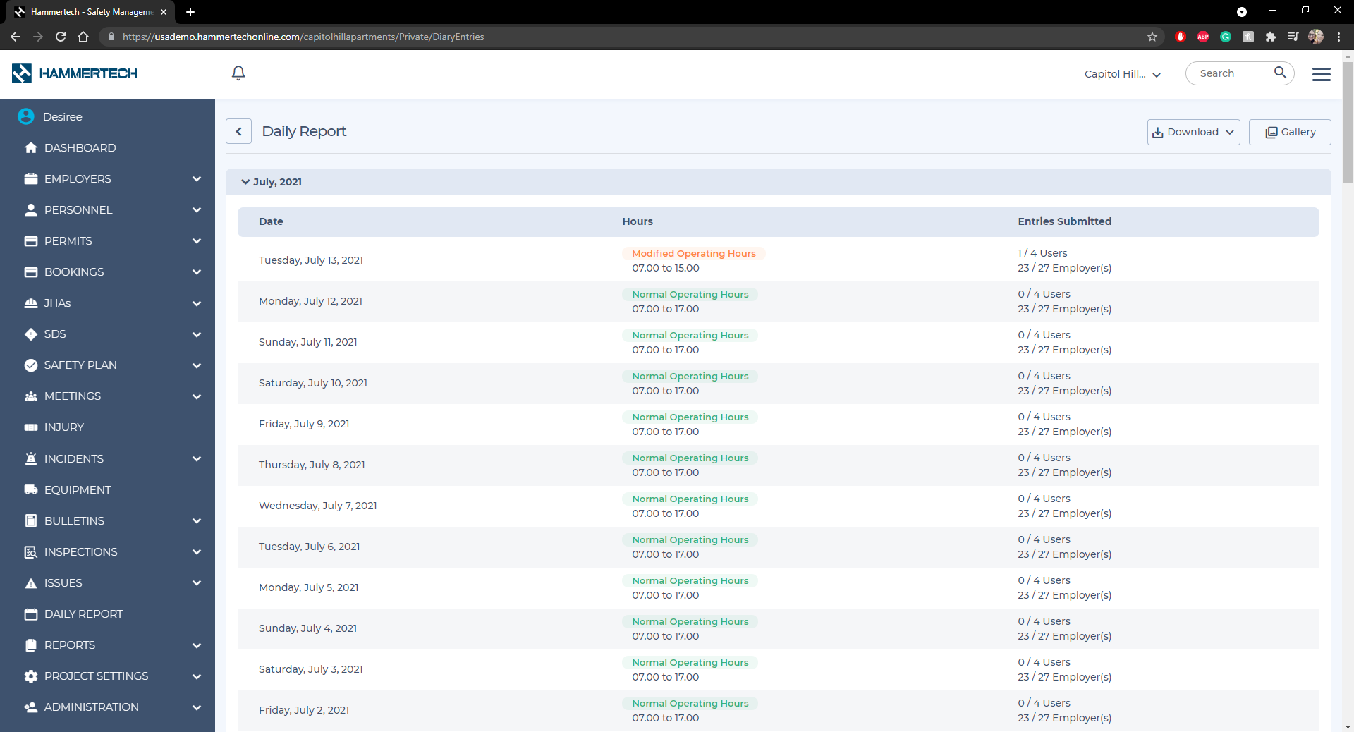 Screenshot of the Daily Report module in HammerTech's construction management platform. The image displays operating hours, tracking tasks, and construction site activities in a clear, organized format. This customizable module assists general contractors in maintaining real-time, 24/7 insights into their field operations, ensuring accurate and comprehensive daily records.