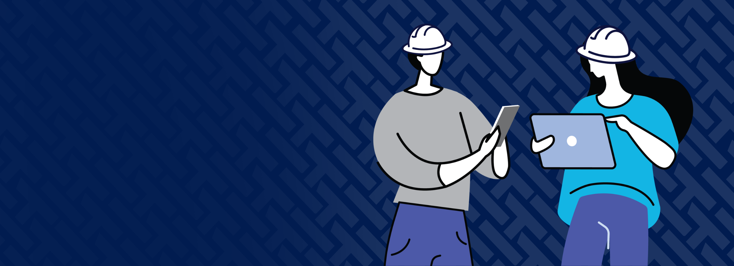 Image has a dark blue background with HammerTech logo embedded.  Image is a drawing of a man with a cell phone and a woman with a tablet.  They are working on a JHA together.