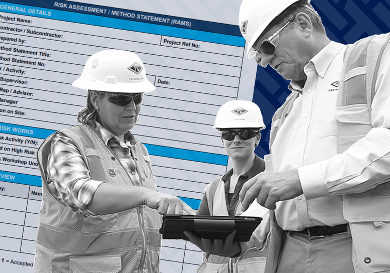 RAMS template in the background (Risk assessment and method statement) and grayscale construction workers in the foreground looking at a tablet, representing the use of HammerTech's all-in-one construction safety platform