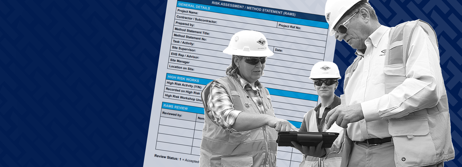 Foreground cut-out of grayscale construction workers looking down on an iPad while discussing safety. Also, a subtle RAMS template on the left.