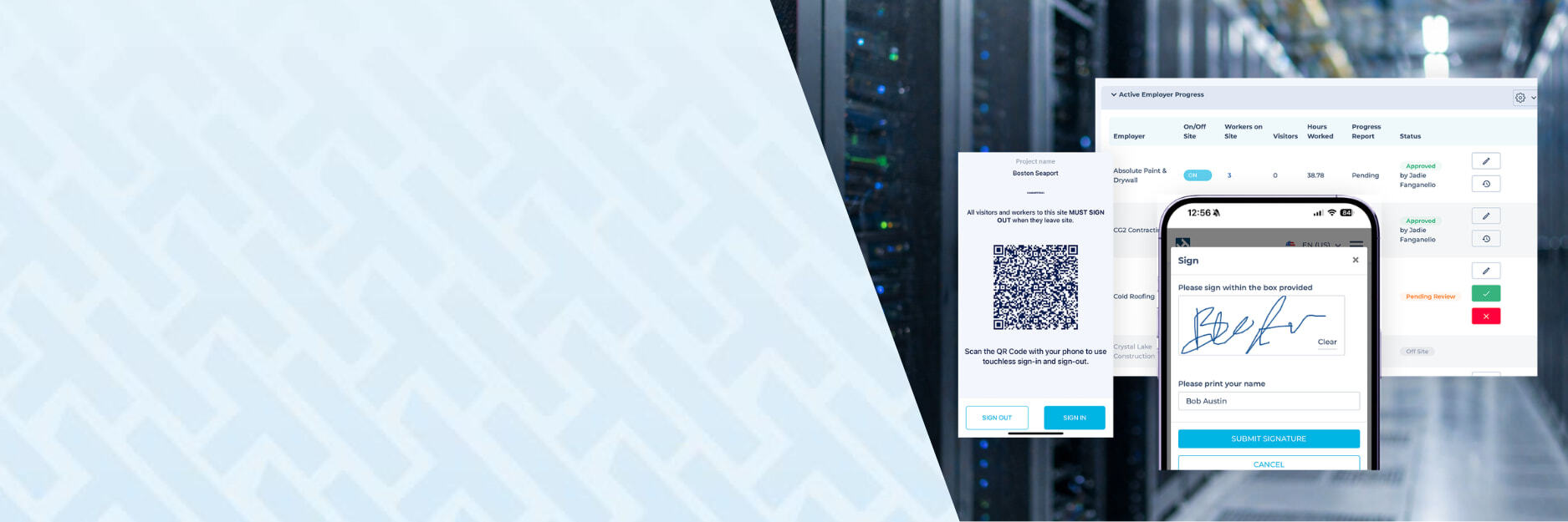 Image shows HammerTech platform layered dashboards overlaying an image of a data center. There is a HammerTech light patterned grid on the left.